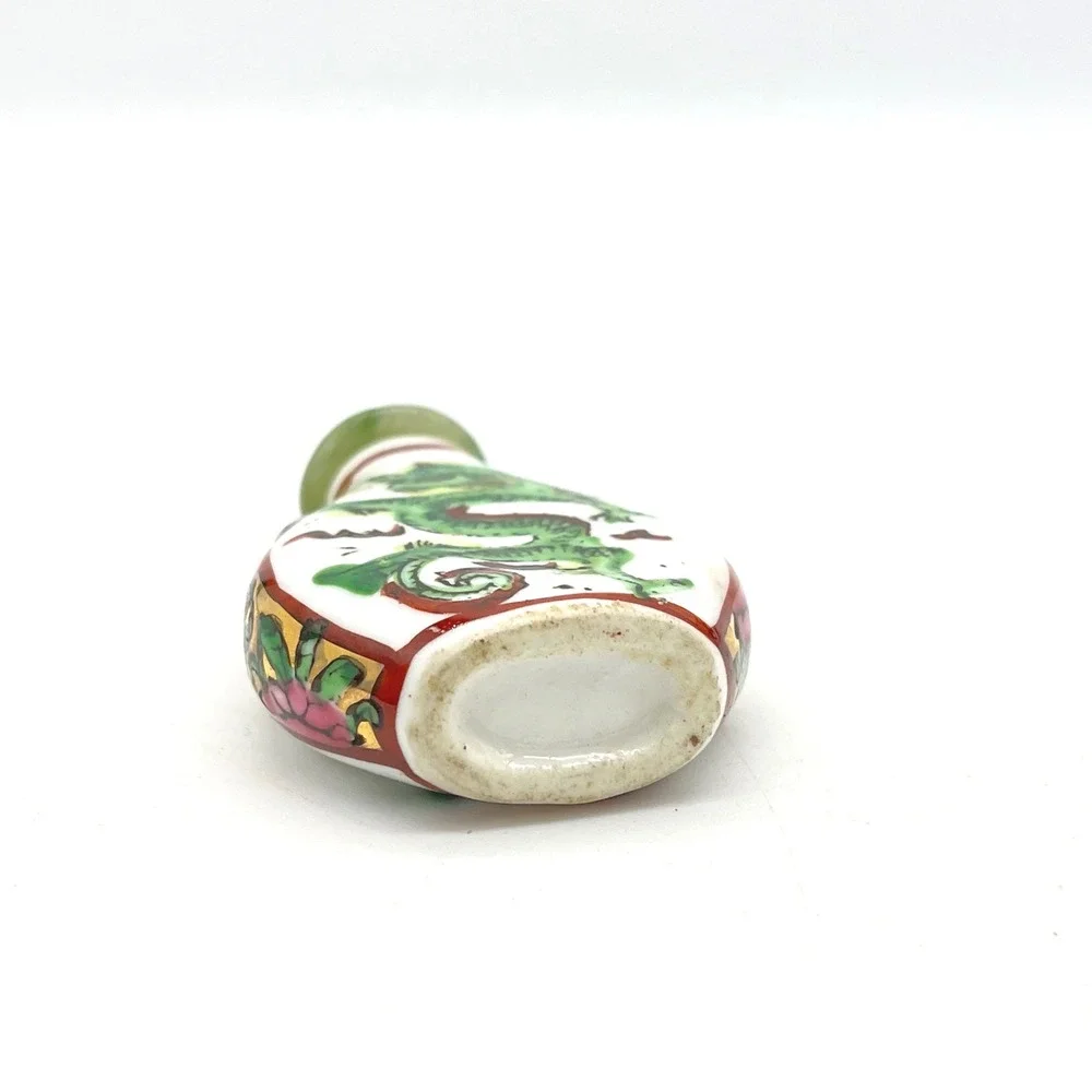 Vintage Ceramic Snuff‎ Bottle Green Dragon Jade Stopper Collectible Asian Art